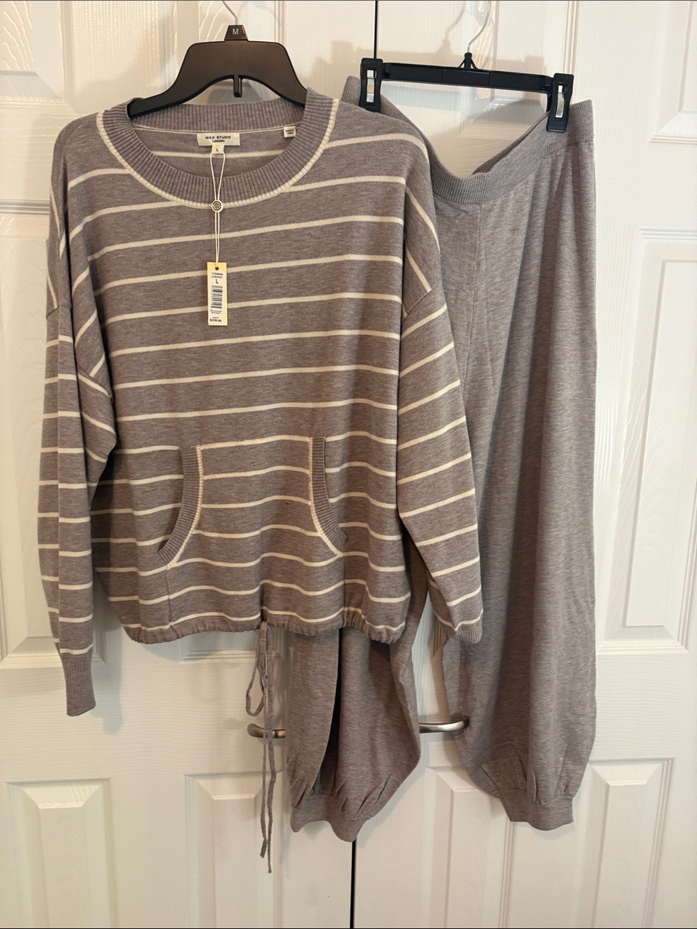 Maeve Gray and White Striped Knit Lounge Pajama Set